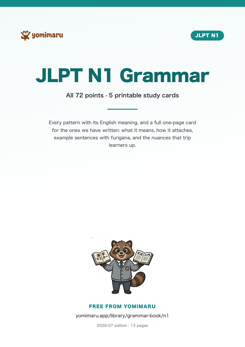 Cover of the free JLPT N1 Grammar book: 72 grammar points on 13 printable A4 pages.